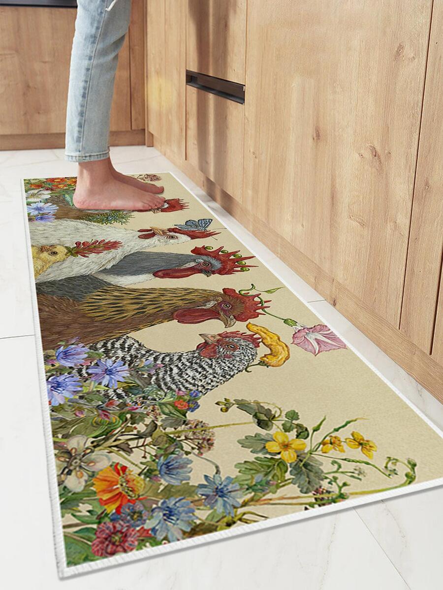 1pc Chicken Pattern Anti-slip Kitchen Rug, Colorful Polyester Absorbent Floor Mat For Household - Multicolor - View 1