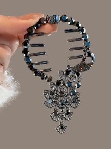 Rhinestone Decor Thiết Kế Con Công Kẹp Tóc - màu đen - Xem 1