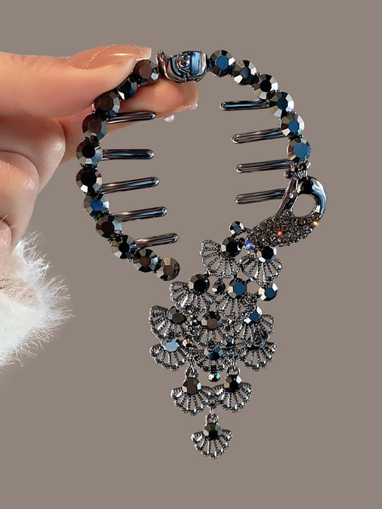 Rhinestone Decor Thiết Kế Con Công Kẹp Tóc - màu đen - Xem 1