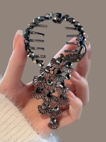 Rhinestone Decor Thiết Kế Con Công Kẹp Tóc - màu đen - Xem 2