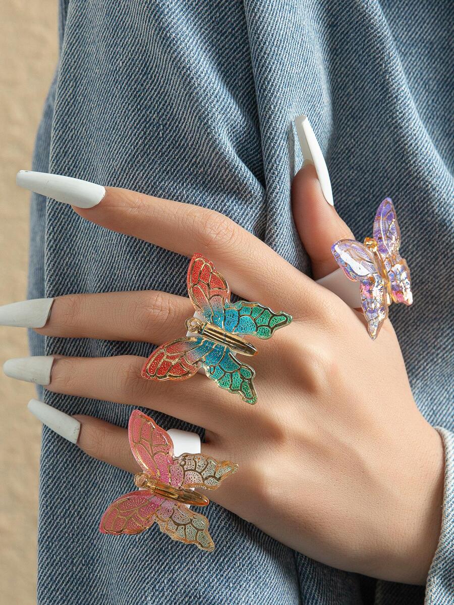 3pcs/set Butterfly Decor Ring - Multicolor - View 1
