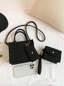 3pcs Mini Rhinestone Pattern Handbag Coin Purse Card Holder Casual Fashion Shoulder Crossbody Bag, Chic Square Bag - Black - View 4