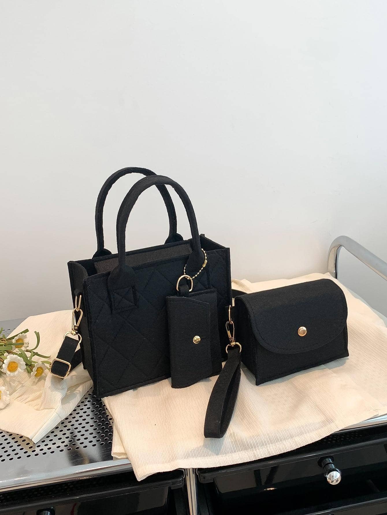 3pcs Mini Rhinestone Pattern Handbag Coin Purse Card Holder Casual Fashion Shoulder Crossbody Bag, Chic Square Bag