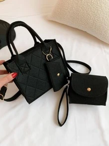 3pcs Mini Rhinestone Pattern Handbag Coin Purse Card Holder Casual Fashion Shoulder Crossbody Bag, Chic Square Bag - Black - View 8