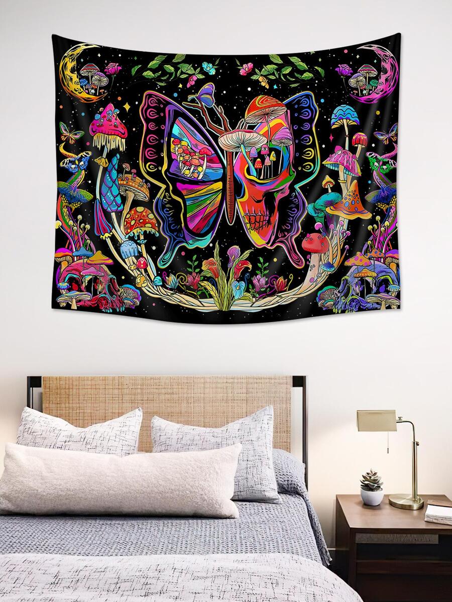 1pc Mushroom & Butterfly Print Tapestry, Modern Fabric Tapestry Poster