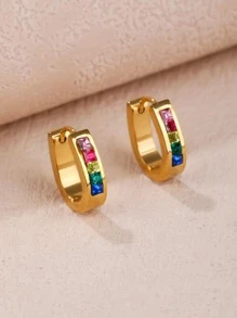 1pair Stainless Steel Horseshoe-Shaped Colored Cubic Zirconia Hoop Earrings Ladies Gorgeous Style Summer Vacation Dating Gift - Yellow Gold - View 2