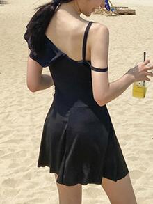 Bañador una pieza ribete con fruncido - Negro - Ver 3