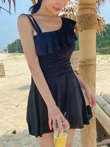 Bañador una pieza ribete con fruncido - Negro - Ver 2