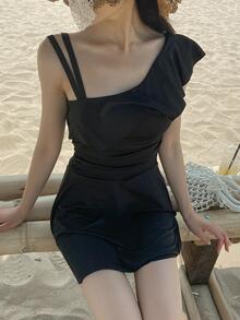 Bañador una pieza ribete con fruncido - Negro - Ver 5