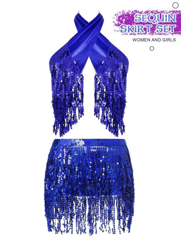 Victray Sequins Fringe Skirt with Crop Top Belly Dance Skirt Set Rave Party Costume Outfits for