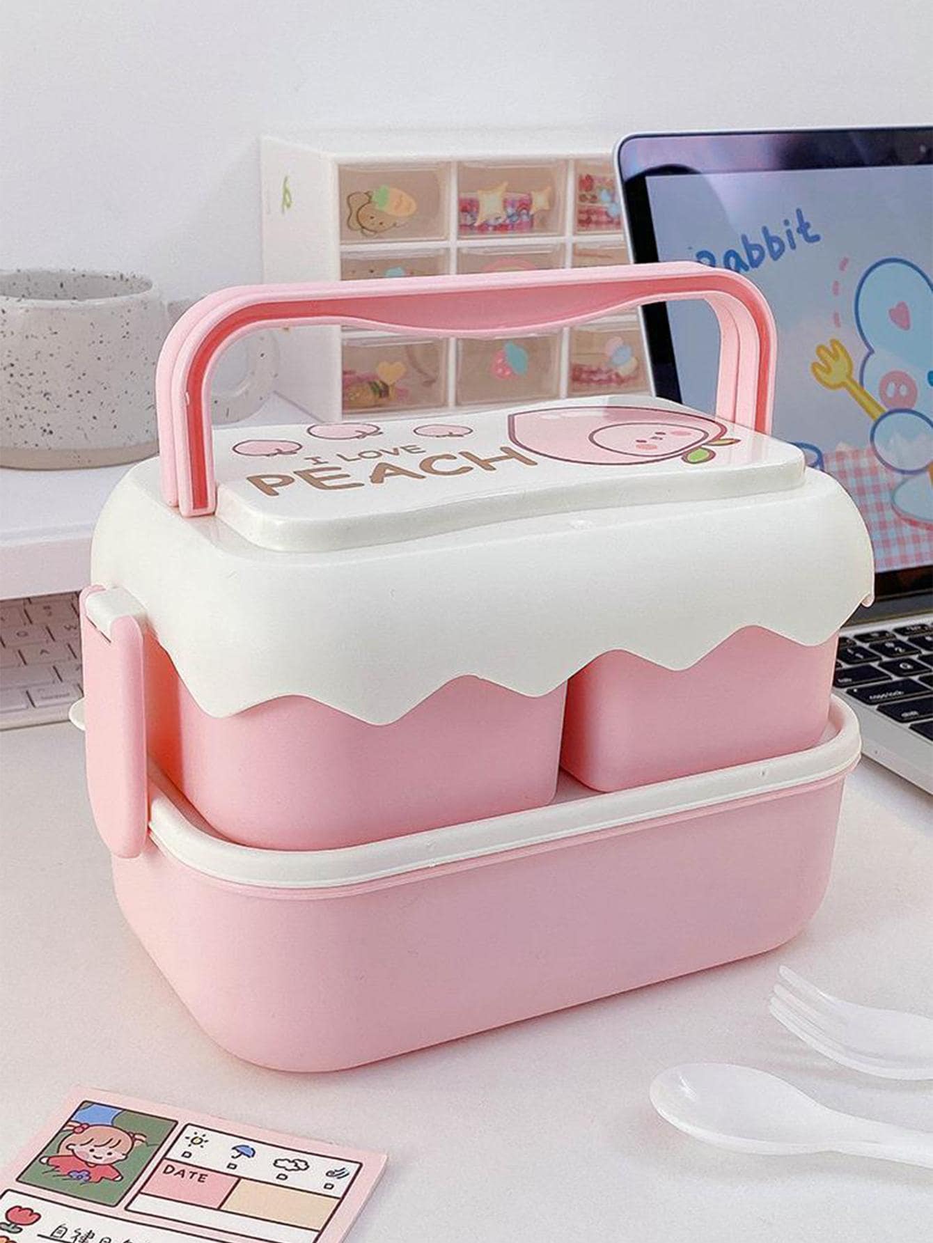 1 cái Hộp cơm trưa nhiều lớp hai tông màu với bộ đồ ăn - Hồng - Xem 1