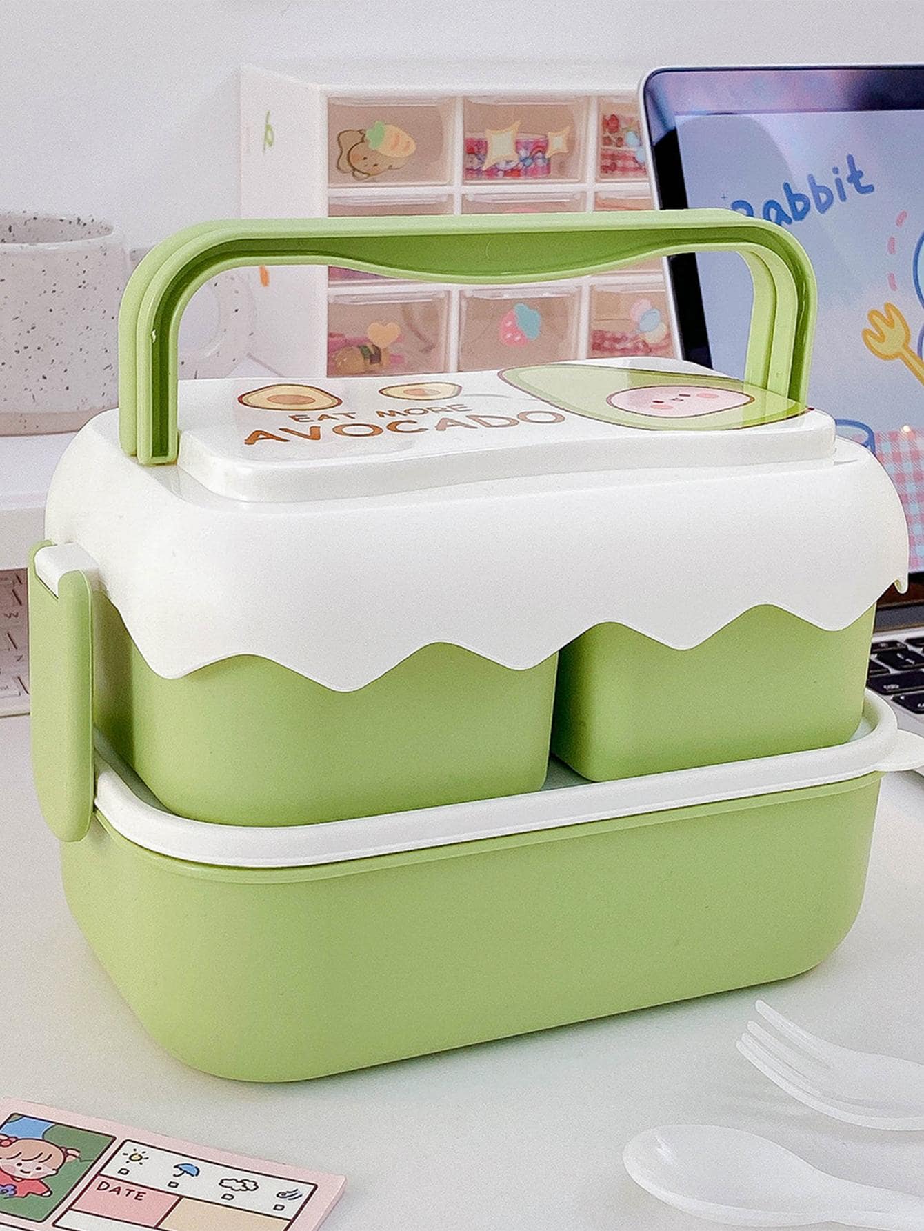 1 cái Hộp cơm trưa nhiều lớp hai tông màu với bộ đồ ăn - màu xanh lá - Xem 1