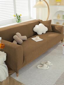 1pc Solid Color Sofa Slipcover & 1pc Cushion Cover Without Filler, Modern Polyester Stretch Sofa Slipcover For Home - Khaki - View 5