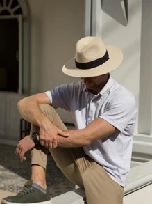 Men Tape Decor Straw Hat Casual
