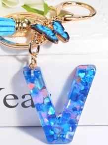 流蘇和字母墜飾鑰匙圈 - 藍色 - 查看 3