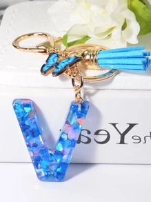 流蘇和字母墜飾鑰匙圈 - 藍色 - 查看 2