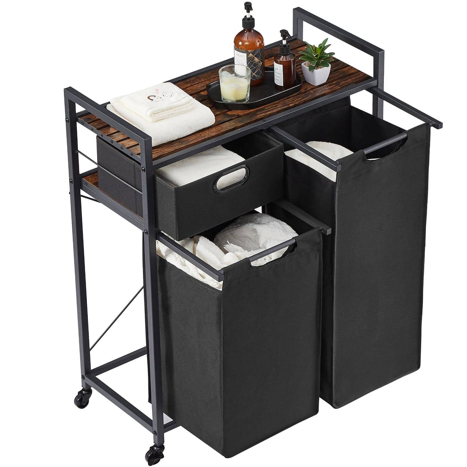 Laundry Basket with Shelf, Zarler Double Laundry Hampers with Wheels and Drawer, Clothes Hamper