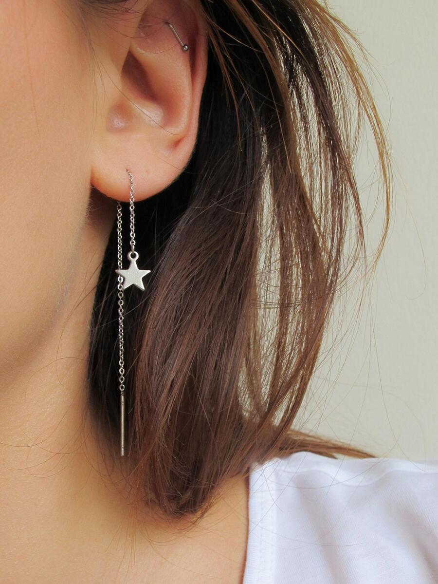 Star Decor Threader Earrings - Silver - View 1