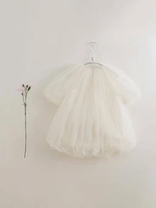 MARC&JANIE 少女甜美3D星星拼接圓領泡泡袖網紗舞會公主禮服，夏季 - 白色 - 查看 6