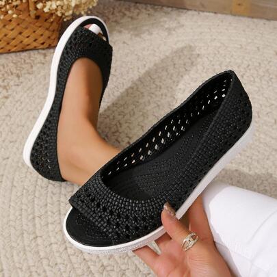 Women Hollow Out Slip On Sandals, Vacation Black Fabric Flat Sandals