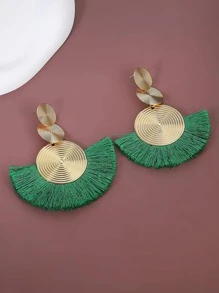 1對女性波西米亞風格幾何誇張圓形和流蘇耳環 - 綠色 - 查看 2