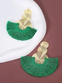 1對女性波西米亞風格幾何誇張圓形和流蘇耳環 - 綠色 - 查看 5