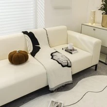 1pc Slogan Graphic Sofa Towel, Modern Fabric Sofa Pad For All Season - Black and White - View 5