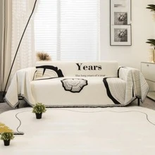 1pc Slogan Graphic Sofa Towel, Modern Fabric Sofa Pad For All Season - Black and White - View 1