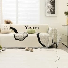 1pc Slogan Graphic Sofa Towel, Modern Fabric Sofa Pad For All Season - Black and White - View 2