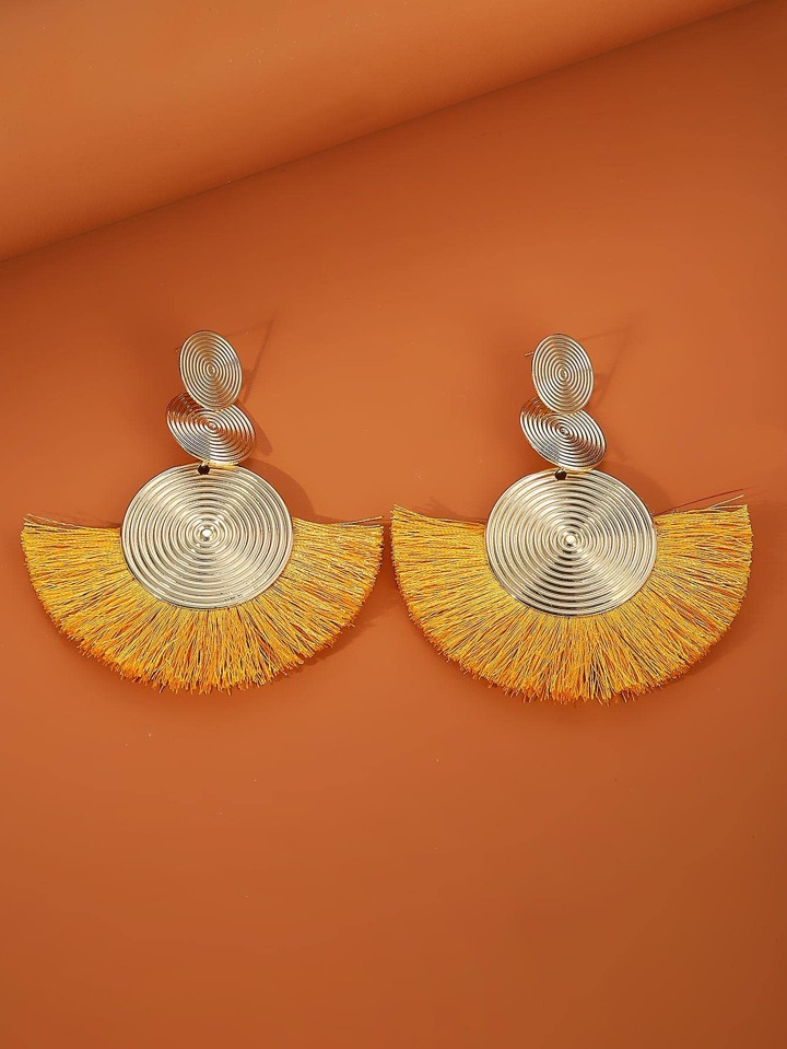 1pair Geometric Exaggerated Circle Tassel Drop Earrings, Bohemian Style Fan-Shaped Earrings For Women