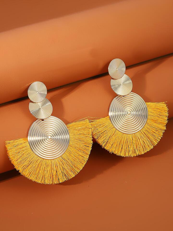 1pair Geometric Exaggerated Circle Tassel Drop Earrings, Bohemian Style Fan-Shaped Earrings For Women