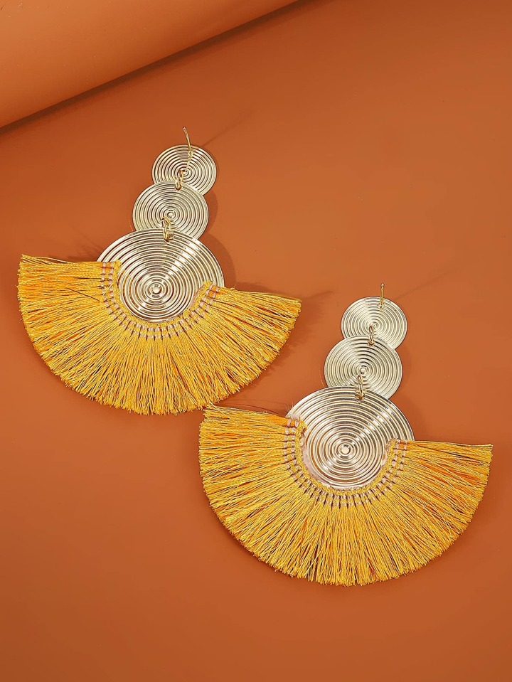 1pair Geometric Exaggerated Circle Tassel Drop Earrings, Bohemian Style Fan-Shaped Earrings For Women