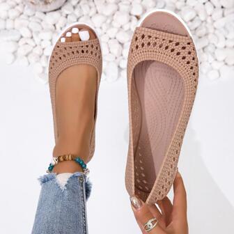 Women Hollow Out Slip On Sandals, Vacation Apricot Fabric Flat Sandals
