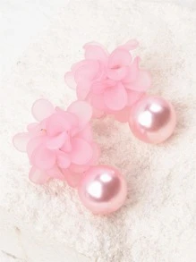 Flower & Faux Pearl Drop Earrings Valentines - Pink - View 2