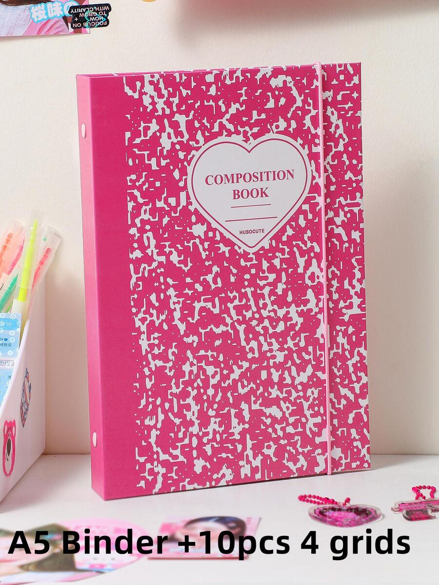 1 A5 Heart & Splash Ink Pattern Loose-leaf Card Book & 10 cái Túi Lưu Trữ Bên Trong, Bộ Sách Lưu Trữ Thẻ Đơn Giản Cho Văn Phòng, Trường Học - Màu Hồng Tươi - Xem 1