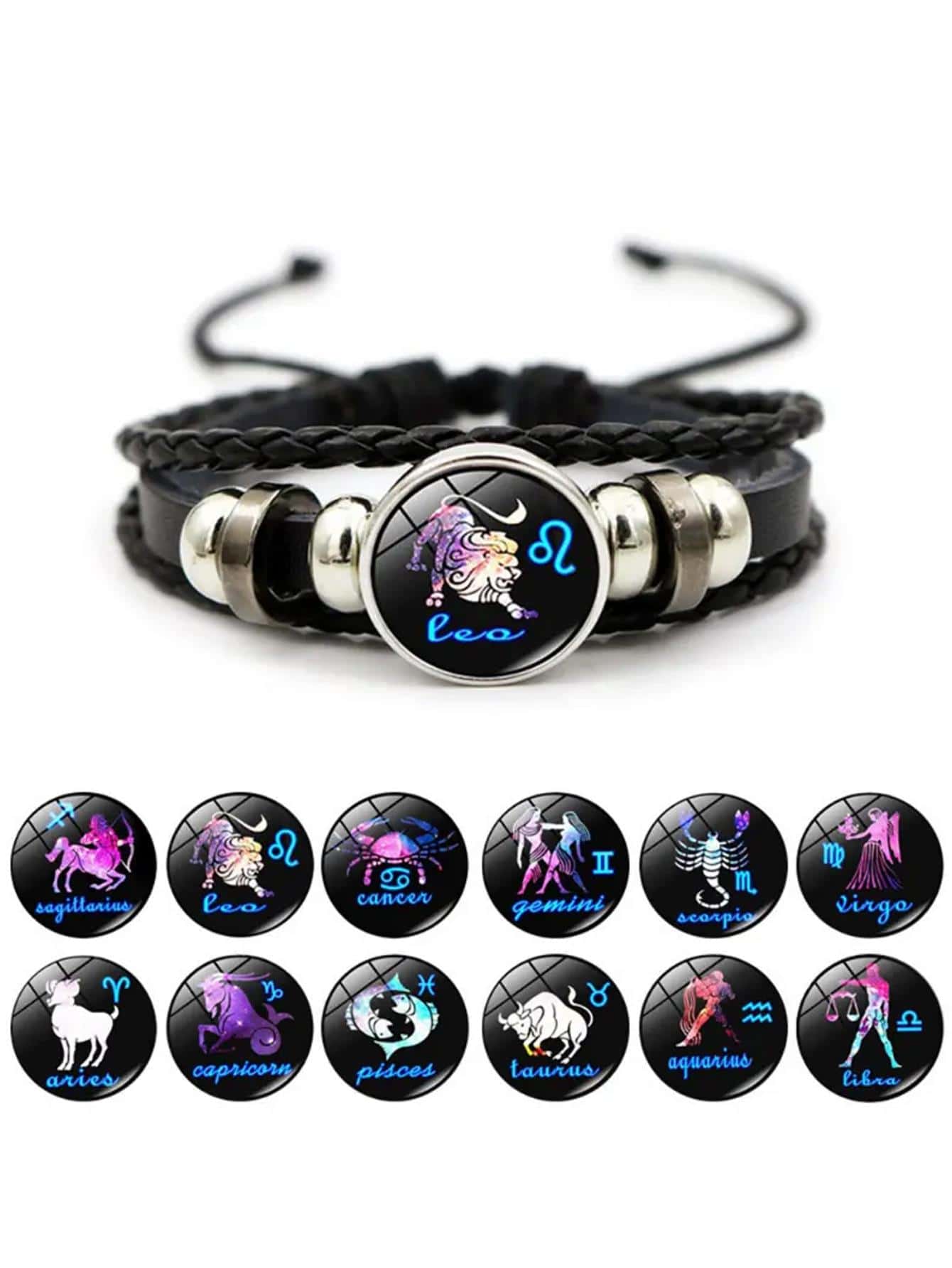 1pc Twelve Constellations Handmade Woven Beaded Bracelet With Retro Leather & Zodiac Sign, Birthday Gift - constellation - View 1