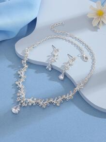 水鑽水滴吊墜項鍊和耳墜 - 白色 - 查看 3