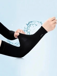 1雙女士們時尚UV保護袖套帶字母圖案設計,冰絲材料,適用於戶外運動,開車和騎術,延長長度風格 - 黑色 - 查看 1