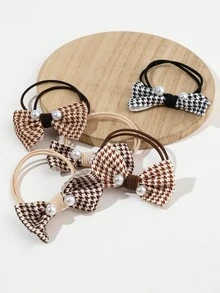5pcs Faux Pearl & Bow Decor Hair Tie