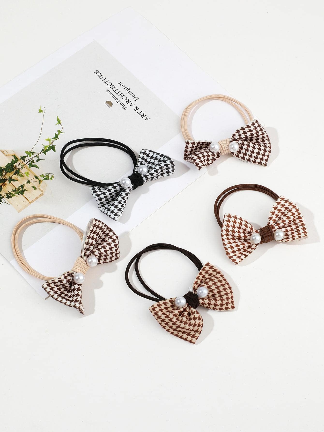 5pcs Faux Pearl & Bow Decor Hair Tie