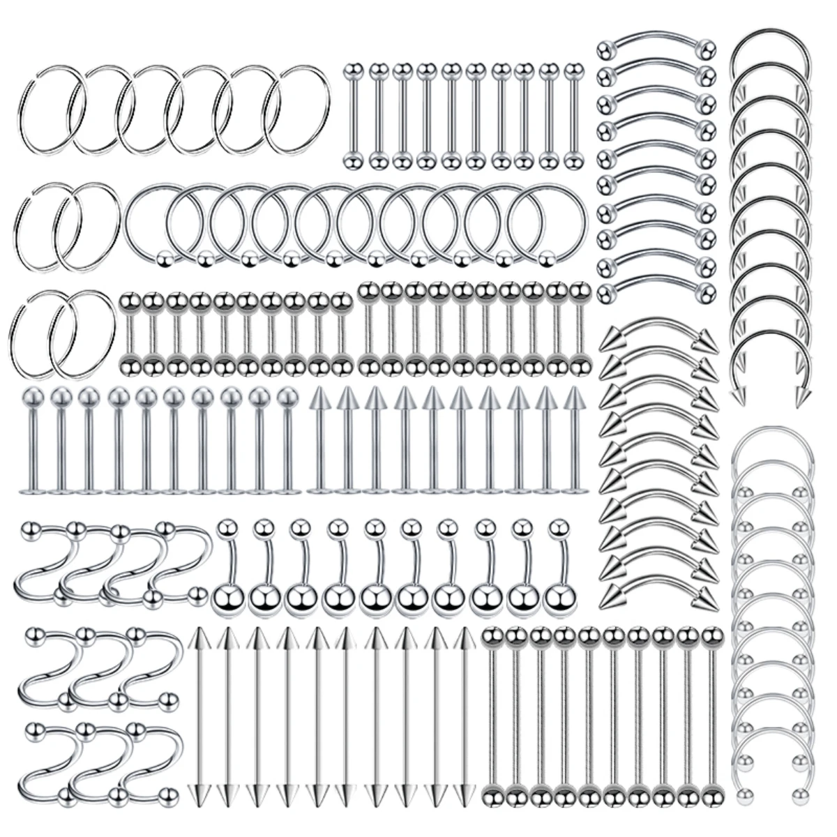 150 件混合尺寸穿孔套件適用於鼻中隔耳軟骨耳屏穿孔珠寶套件和專業穿孔珠寶套件 - 銀色 - 查看 1