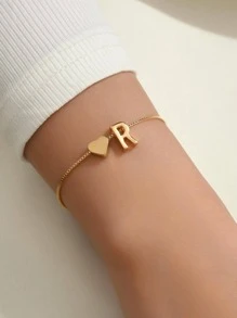 Letter & Heart Decor Bracelet - Yellow Gold - View 7