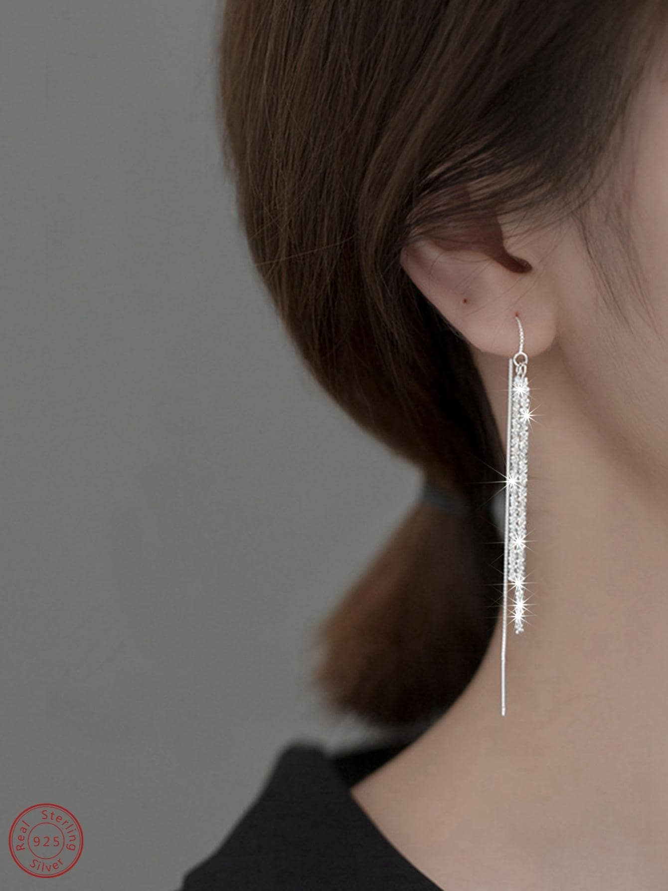 鍊式流蘇吊墜銀耳環 - 銀色 - 查看 1