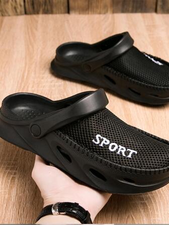 Men Letter Embroidered Hollow Out Clogs, Fashionable Black Mesh Vented Clogs For Indoor & Outdoor