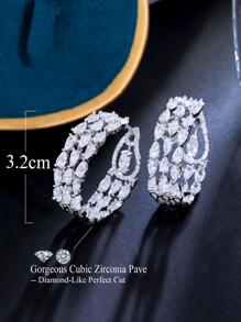1 Pair Luxury Triple Round Thick Hoop Earrings For Women, CZ Paved White, Wedding & Party Jewelry