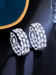 1 Pair Luxury Triple Round Thick Hoop Earrings For Women, CZ Paved White, Wedding & Party Jewelry