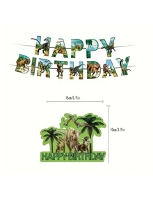 Dinosaur Pattern Pull Flag And Decorative Balloon Set, Party Background Decoration, For Birthday Party - Green - View 5