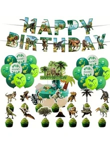 Dinosaur Pattern Pull Flag And Decorative Balloon Set, Party Background Decoration, For Birthday Party - Green - View 3