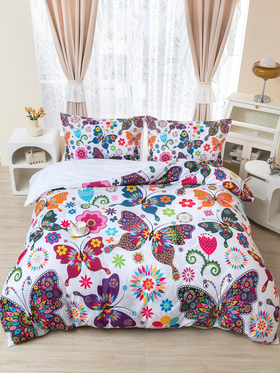 3入組/套花卉和蝴蝶圖案被套套裝1入組被套2入組枕套家居現代布藝床上用品套裝 - 彩色 - 查看 1