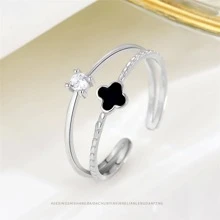 Fashionable Rhinestone & Four-Leaf Clover Decor Sterling Silver Cuff Ring For Women For Gift Valentines